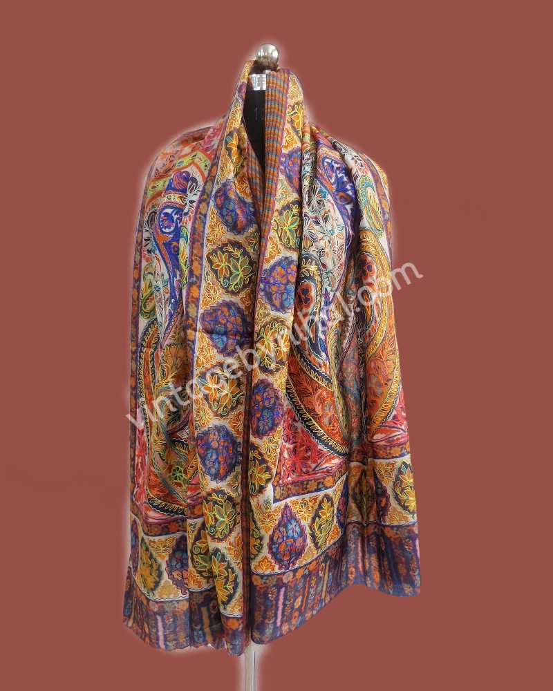 Exclusive Pure Pashmina Kalamkari Embroidered Hand Painted Paisley Pattern Shawl 